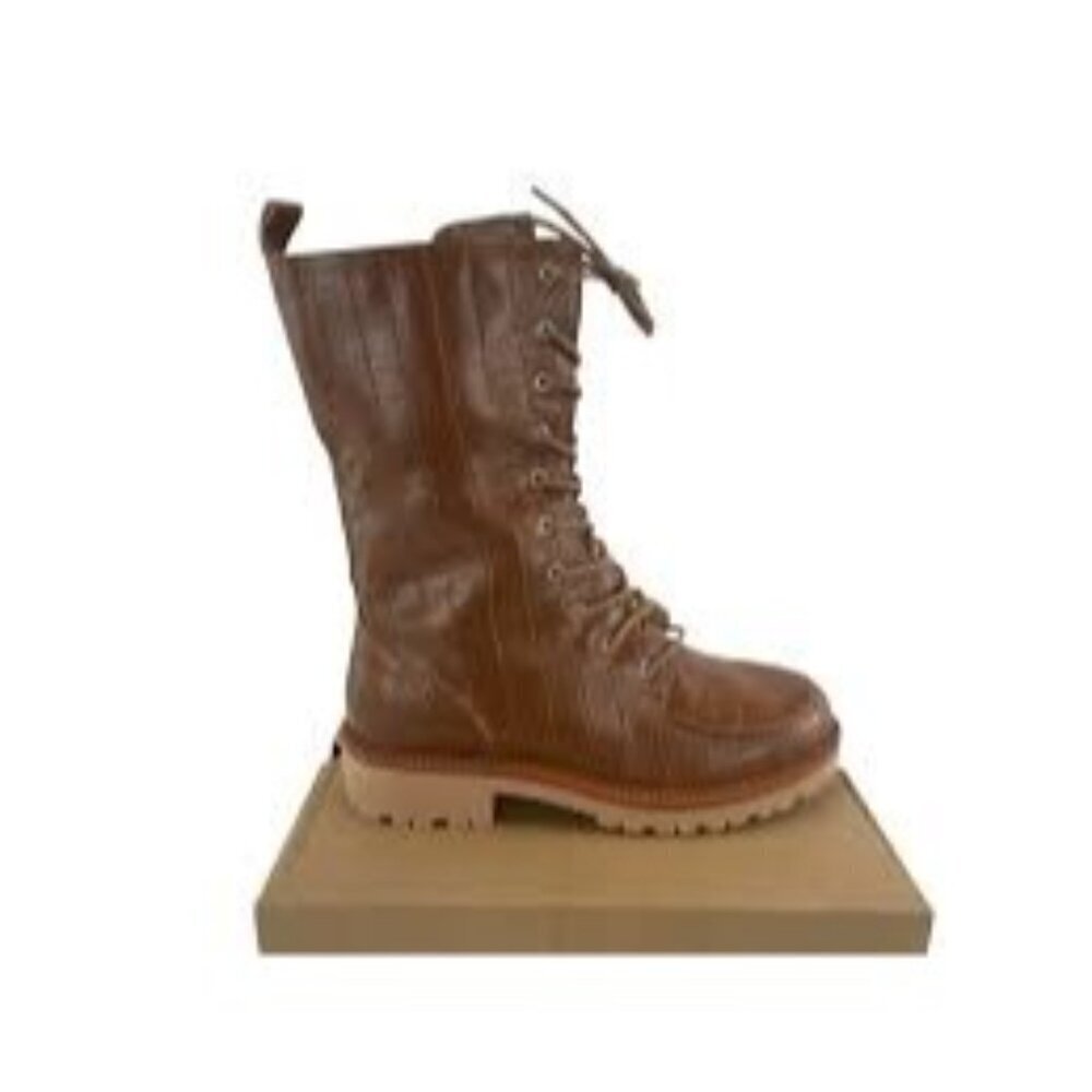 Coutgo SZ 11 Brown Mid-Calf Lace Up Boots Side Zipper Military Combat